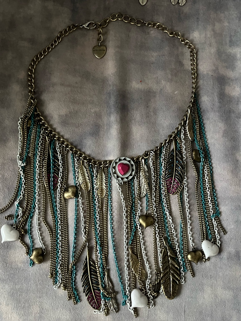 Betsey Johnson Runway Vintage 2000 Boho Fringe Teal and Brass Statement Necklace